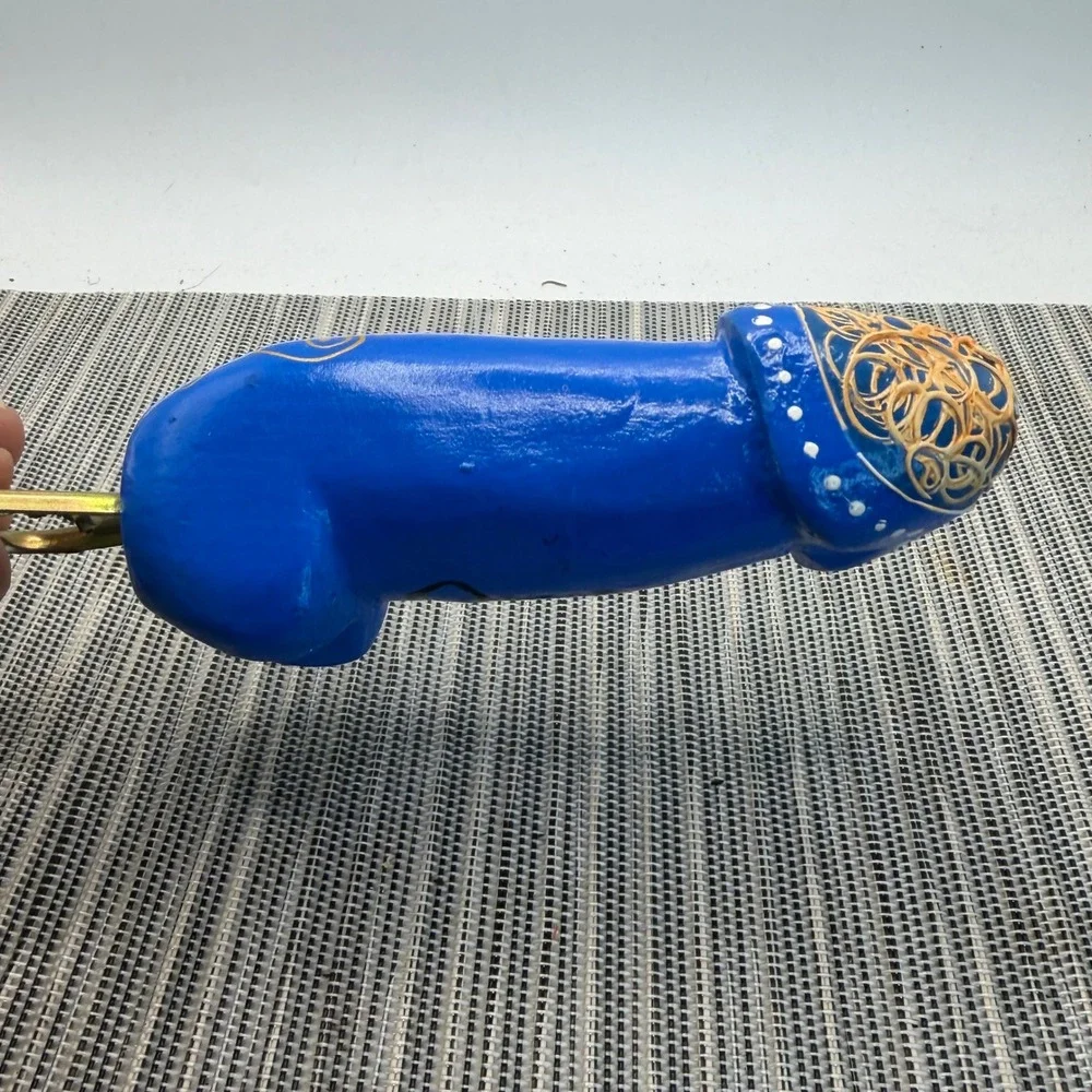 Hand Painted Signed Wood Phallic Bottle Opener Blue Fish Folk Art Novelty 7.5in